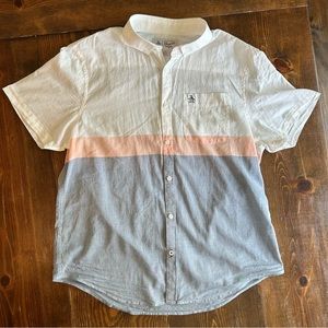 Original Penguin Men’s Sz Large Button Up Short Sleeve White Blue Peach SUMMER